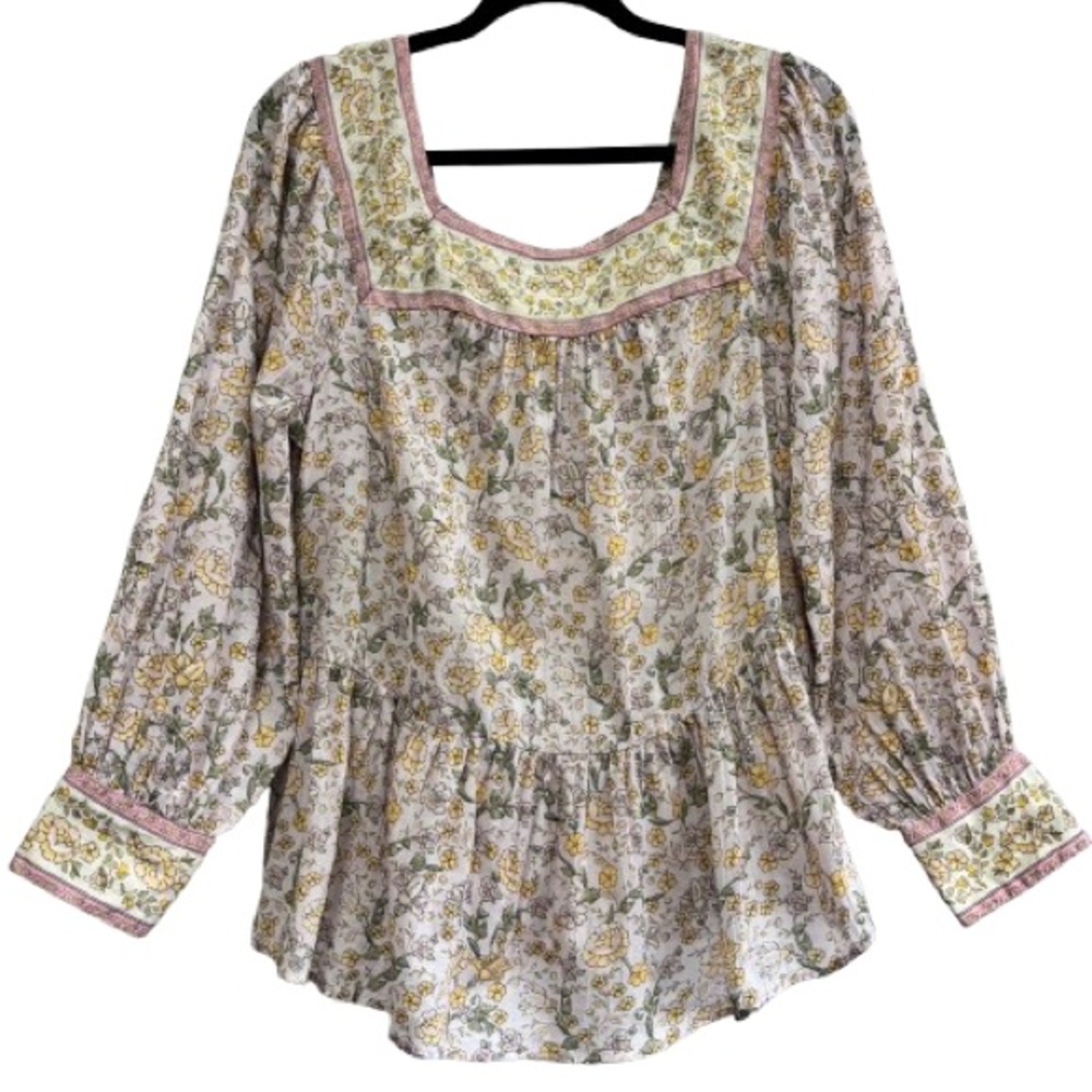 American Eagle Floral Pink Yellow Boho Peplum Blouse Small Scandi Girl Prairie
